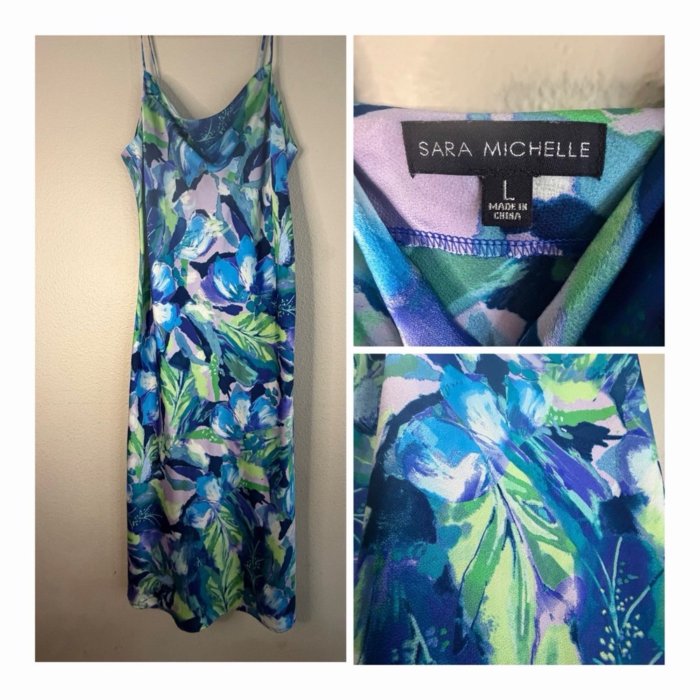 Sara Michelle Watercolor Floral Satin Slip Dress Cowl Neck Blue Green Midi L
